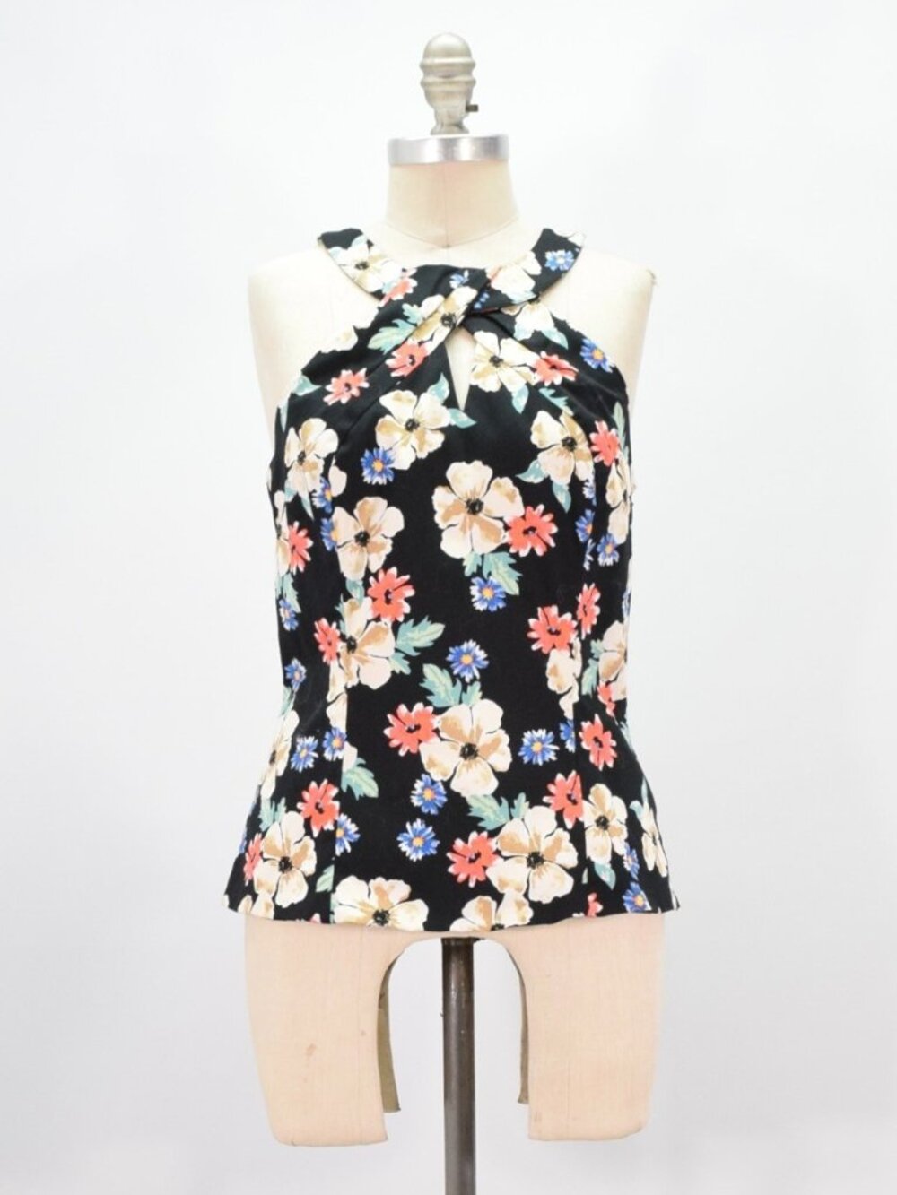 White House Black Market Black Floral Cotton Sateen Halter Top